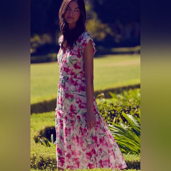 New Sz small MISA LOS ANGELES NIKA DRESS FUSCHIA MIX floral printed chiffon midi - Picture 1 of 10
